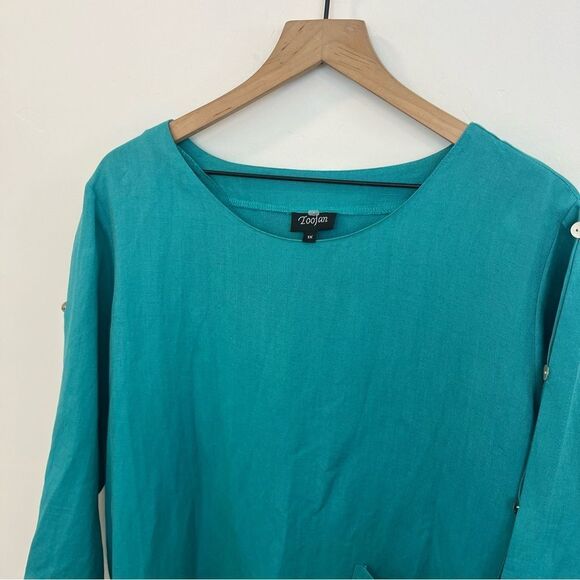 Toofan teal linen 1X blouse with buttons down arm - Picture 3 of 14
